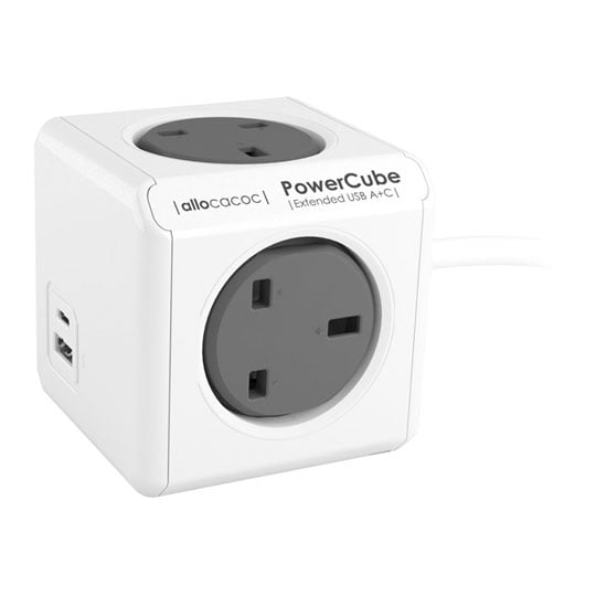 Allocacoc PowerCube 'Extended USB' 4-Socket Mains Extension Cube with USB A + USB C, Grey 1.5M Cable