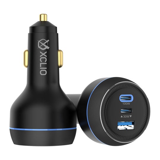 Xclio Premium 130W Ultra Fast PD Dual USB-C + USB-A Metal Car Charger for Laptops/Phones/Tablets